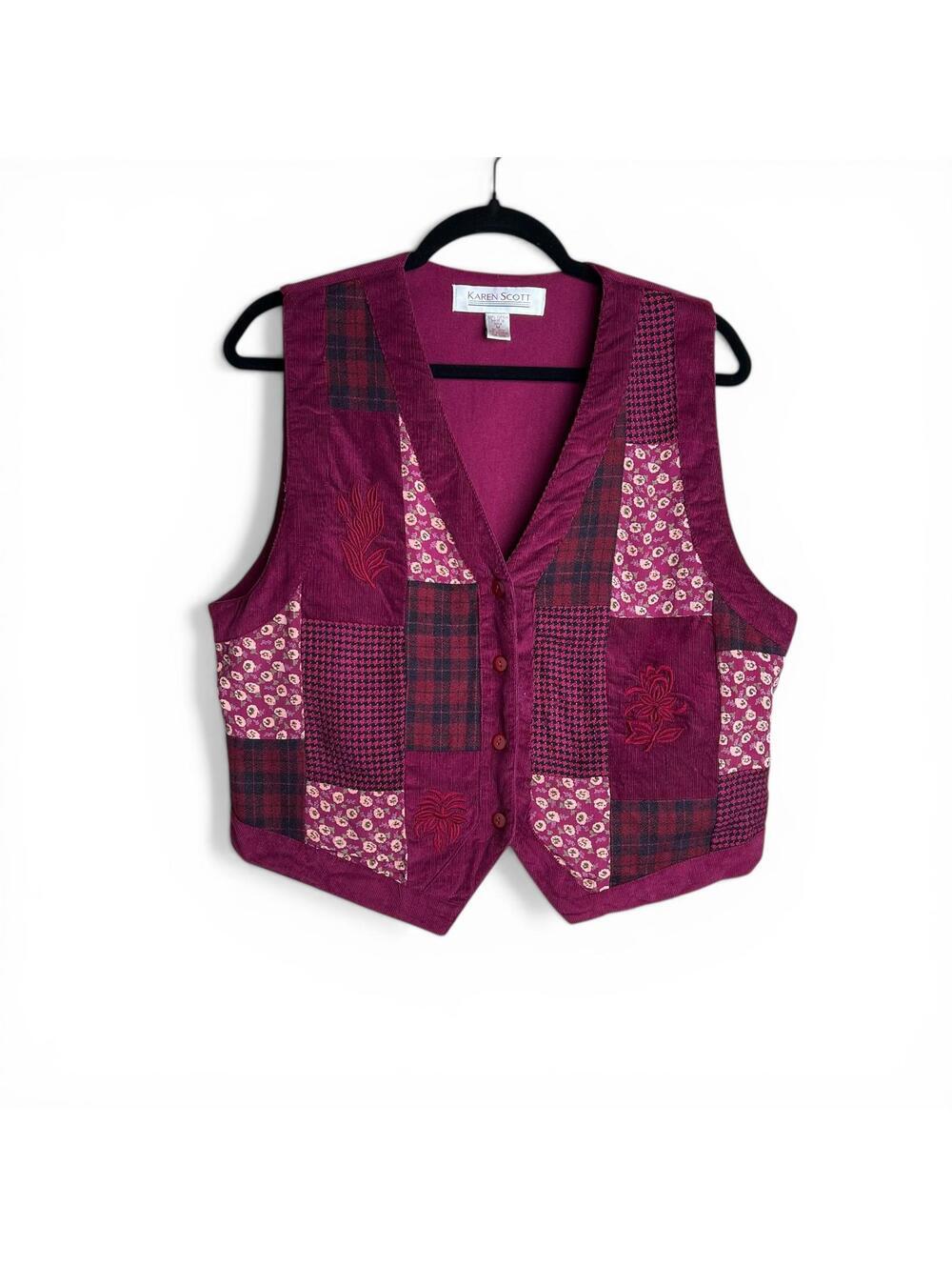 Vintage Patchwork Burgundy Cotton Vest Medium